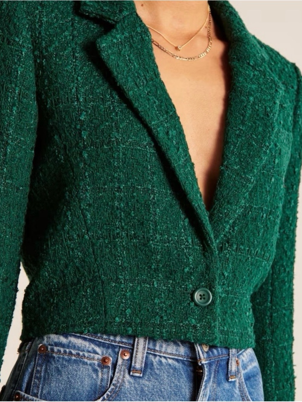 Abercrombie & Fitch Cropped Green Tweed Blazer Single breasted
